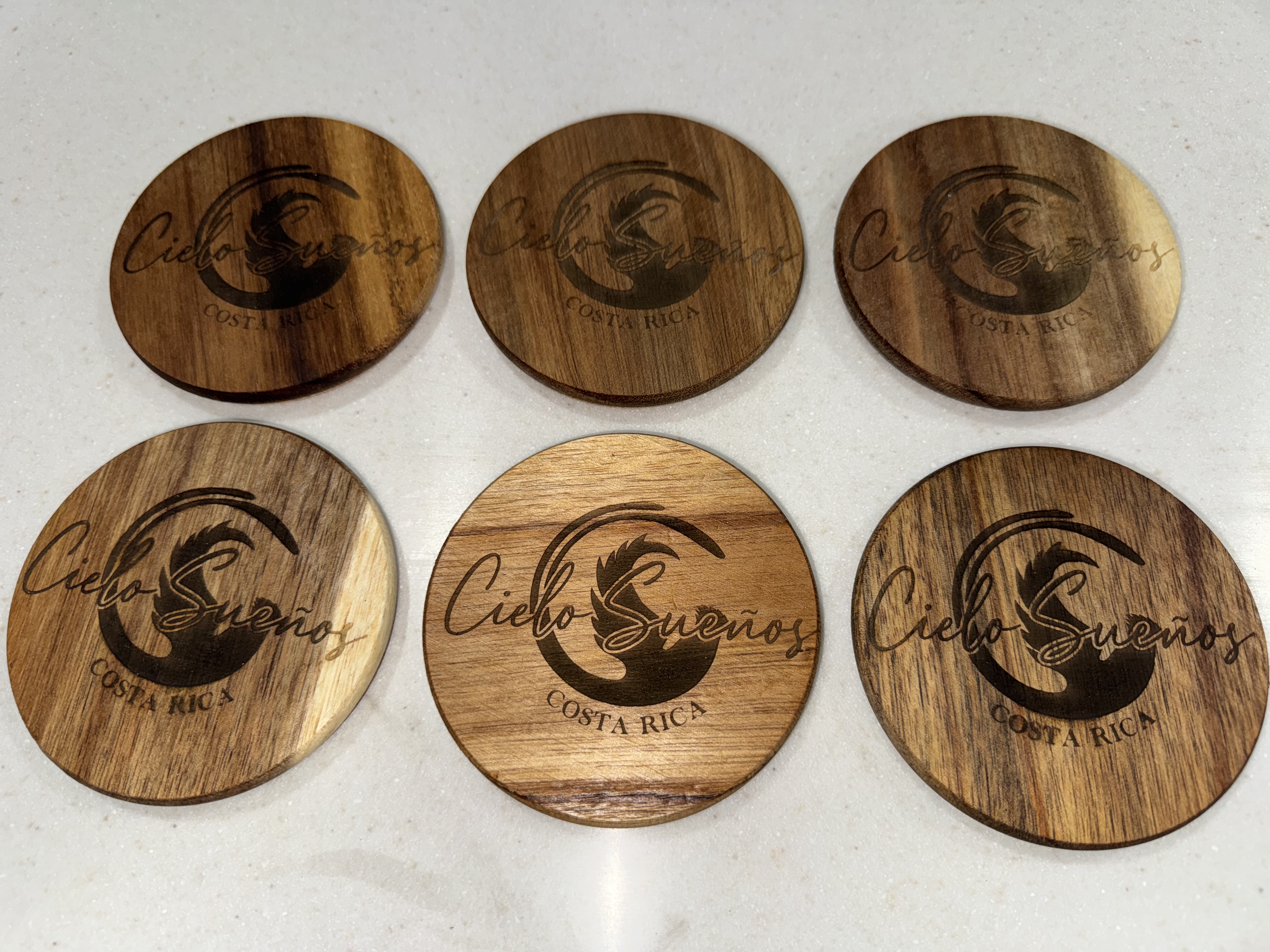 Six wood coasters engraved with a toucan design