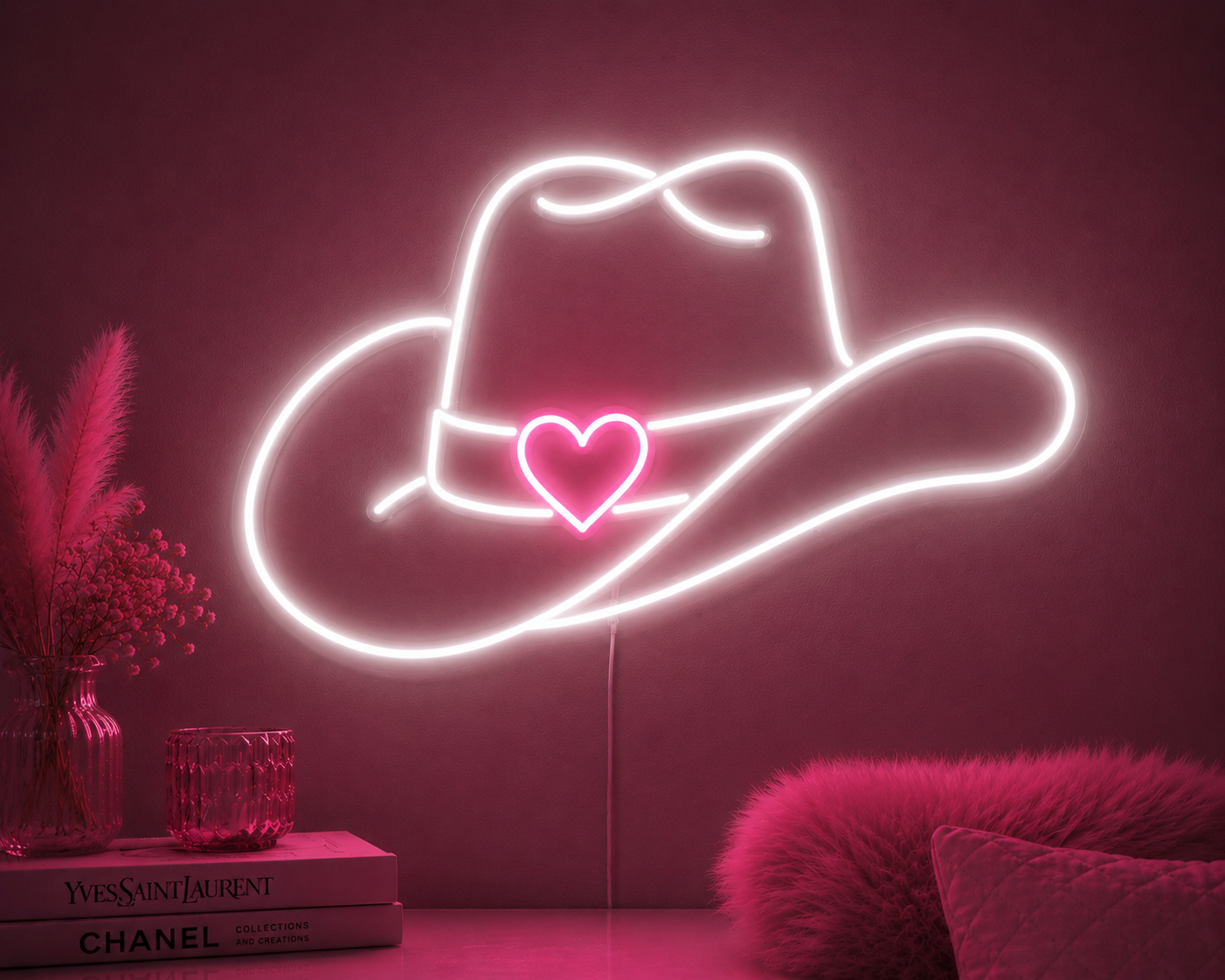 Illuminated cowboy hat outline with a pink heart