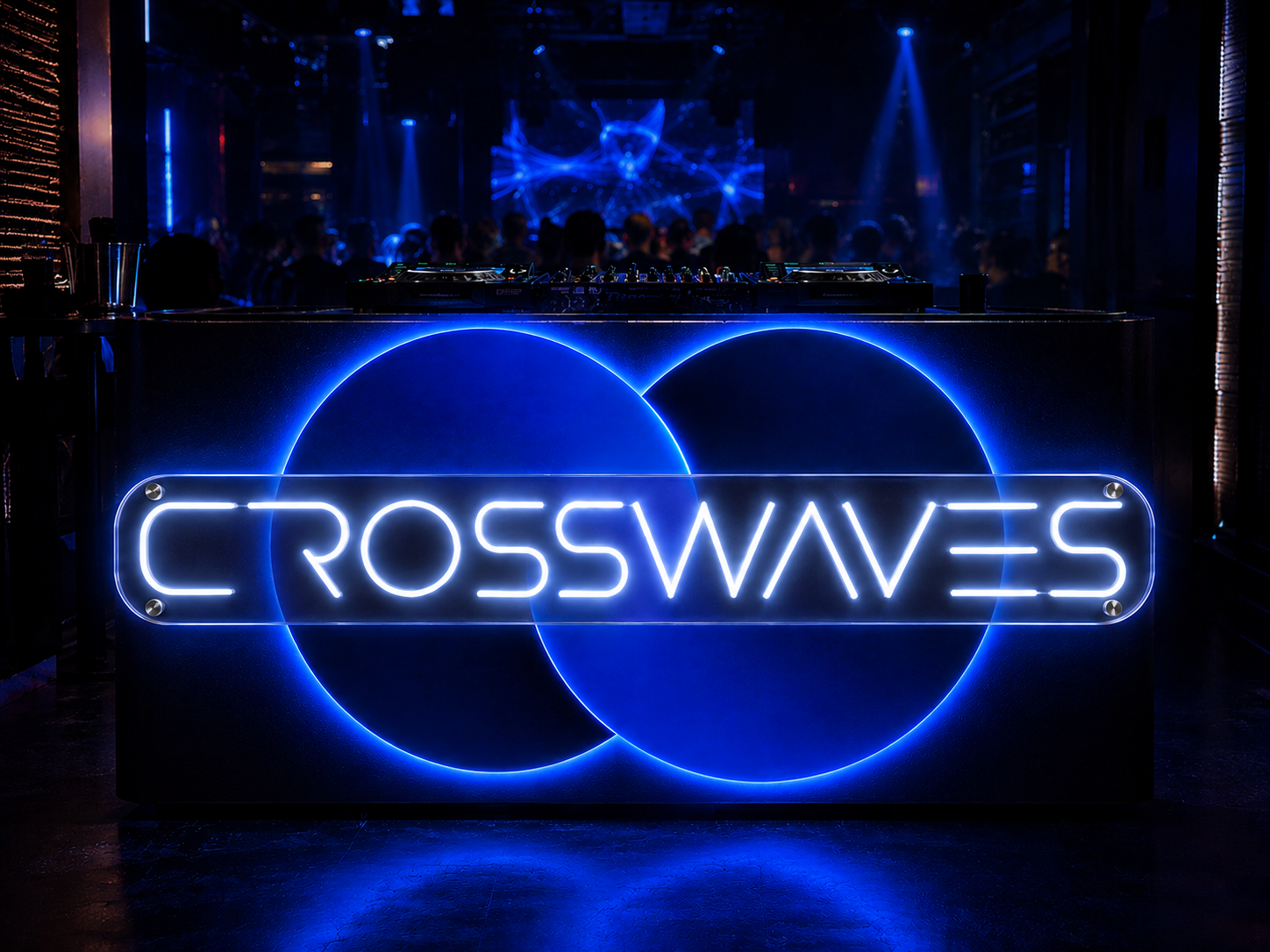 Blue illuminated Crosswaves sign in a custom display
